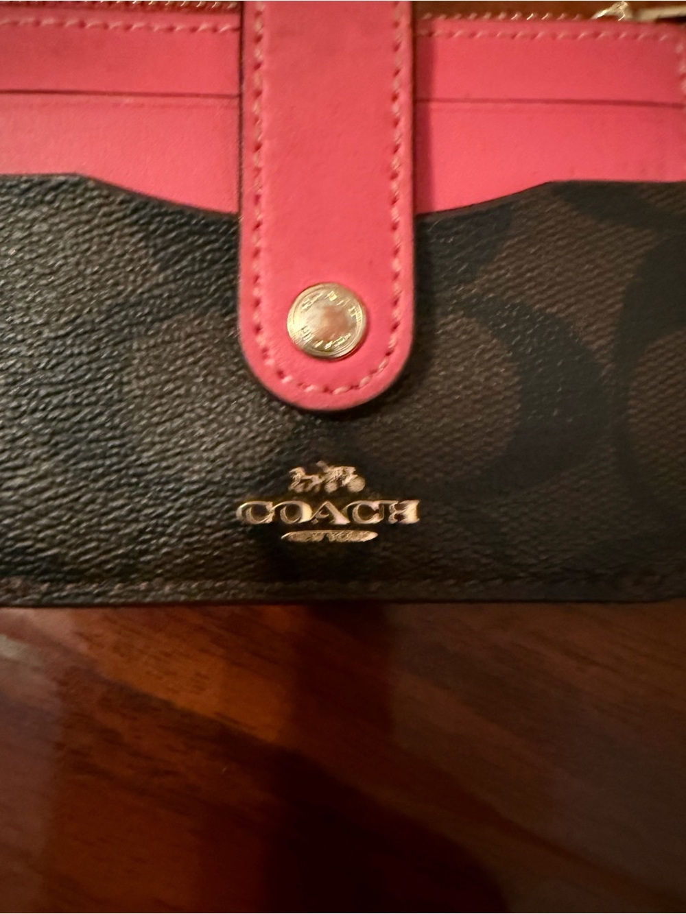 Coach Brown Signature Card Holder with Pink Leather Trim and Key Ring - Picture 2 of 3